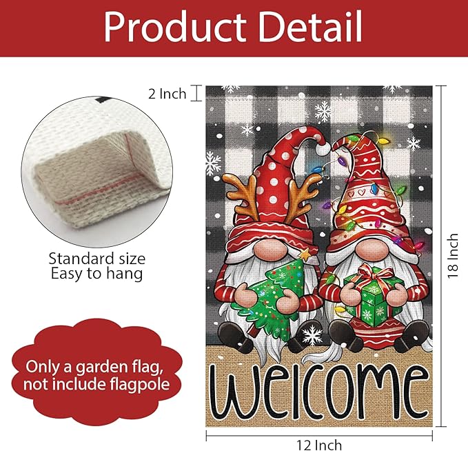 Welcome Christmas Garden Flag，Buffalo Plaid Gnome 12x18 Inch Double Sided Burlap Yard Flag for Winter Farmhouse Holiday Outdoor Decor
