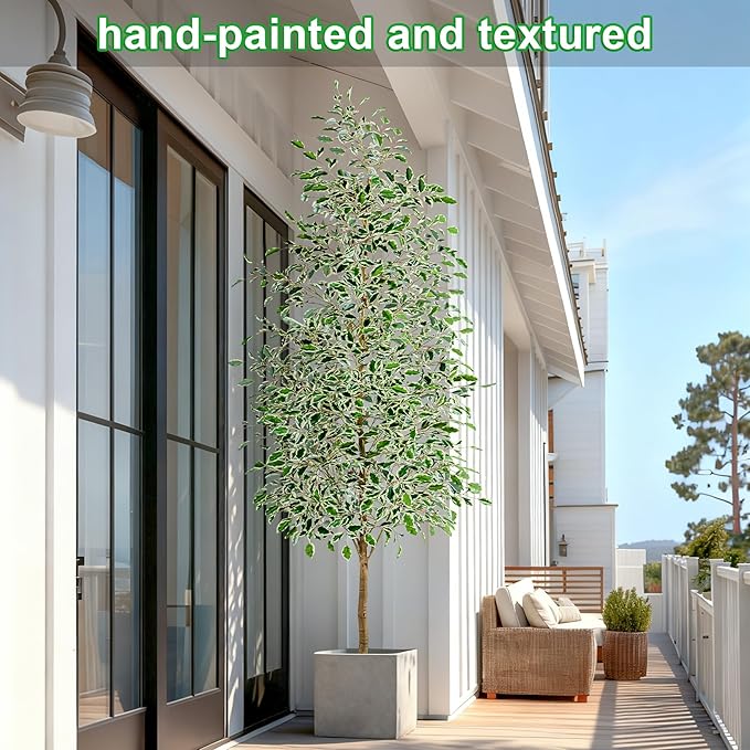 8FT Artificial Ficus Trees Indoor Faux Trees Indoor Fake Floor Plants Tall Artificial Tree with White Pot Faux Tree Fake Indoor Tree Silk Plants Artificial Trees for Home Decor Indoor