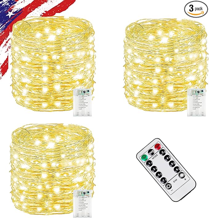 3 Pack Total 60FT 180LED Fairy Lights Battery Operated with Rmote, Waterproof Twinkle Lights with Timer Indoor Outdoor, Cuttable String Light for Bedroom, Classroom, Wedding, DIY, Christmas Decor