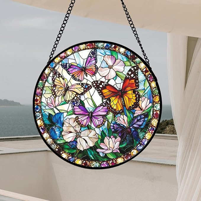 DASTOLL Stained Glass Window Hanging, Colorful Butterfly Suncatcher for Doors Home Sun Catchers Decoration and Christmas, Mother's Day Birthday Gifts for Women, Men, and Mom 14.9x14.9 in