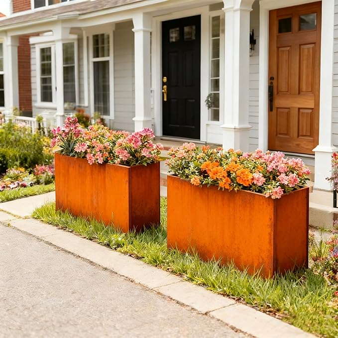 GZLVSOW Corten Steel Outdoor Planter Box 32" x 15" x 24" for Outdoor Plants Metal Rectangle Planter Spliced Flower Box with Partitions for Outside,Indoor,Garden (Corten, 32 * 15 * 24)