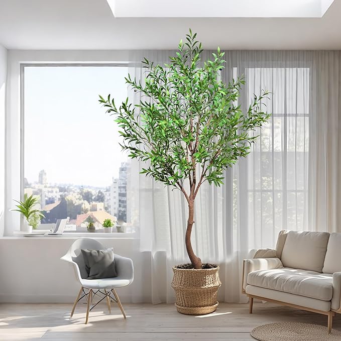 Niwellveb Fake Tree 8FT Faux Olive Tree Artificial Olive Trees Artificial Indoor Realistic Potted Silk Indoor Large Fruit for Home Offices, Living Rooms, Bedrooms, Stairs and Foyer Decor