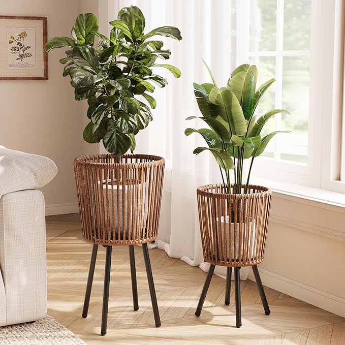 Set of 2 Rattan Plant Stand, Boho Wicker Planter Stand, Handwoven Mid Century Plant Holder for Living Room, Bedroom, Patio