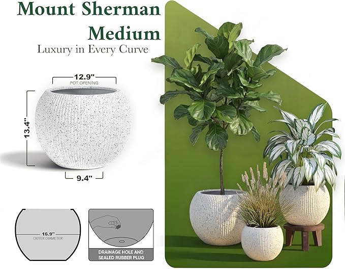 DTY Signature Mount Sherman 12.6''D x 9.8''H Modern Indoor Outdoor Fiberstone Sphere Planter, Durable Round Garden Pot, Weather Resistant, Drainage Hole & Rubber Plug (Ribbed White, Small)