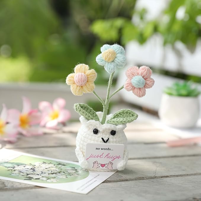 YOOJEE Crochet Sympathy Gifts for Loss of Loved One – No Words, Just Hugs Crochet Puff Flower Plant– Bereavement, Memorial, Get Well Soon, Grief Gift Idea for Loss of Grandpa Grandma Mom Dad