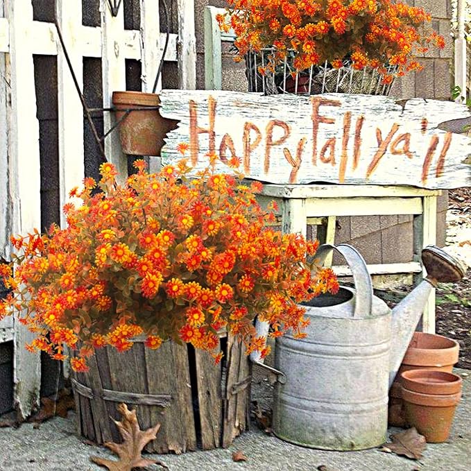 Grunyia 12 Bundles Artificial Fall Flowers for Outdoors Fake Plants - Faux Outside Greenery Boxwood No Fade Plastic Shrubs Decor Farmhouse Home Garden Thanksgiving (Fall Red)