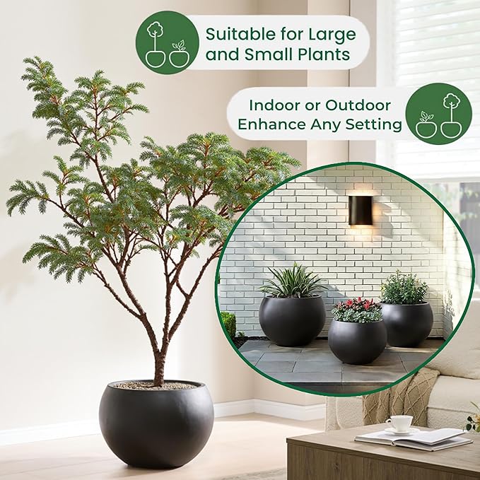FloraFairy 21.3" D Fiberstone Extra Large Planter, Black 16.6" Pot Opening x 14.8" H, Spherical Flower Pot with Drainage Hole, Weather Resistance Indoor Outdoor Planters