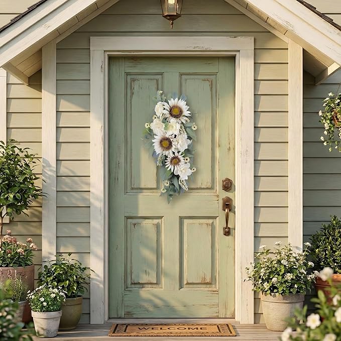 Summer Swag - 28” Sunflower, Peony, Rose Teardrop Swag for Front Door, Porch Wall, Window - Artificial White Flowers Teardrop Wreath for Home Spring, Summer, Fall, All Seasons, Everyday Decor (1)