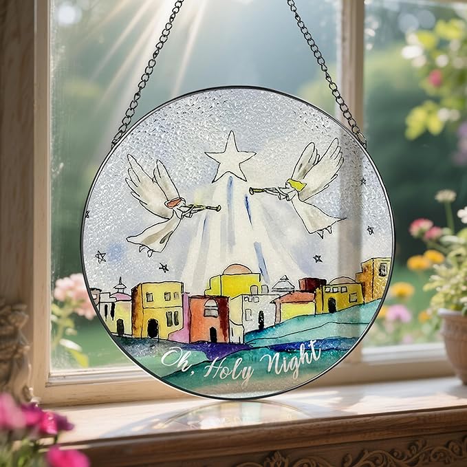 8'' Bethlehem Religious Stained Glass Suncatcher, Window Hanging Decor, Oh Holy Night Ornament, Christian Holiday Decor, Christian Gifts, Religious Gifts, Gift for Christmas