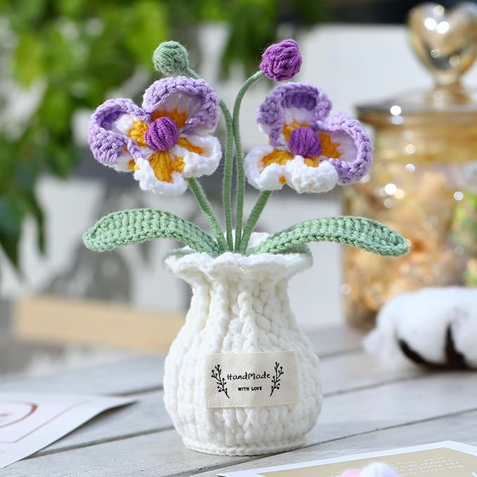 YOOJEE Orchid Crochet Flower Pot Purple Handmade Knitted Phalaenopsis Desk Decor for Home Office
