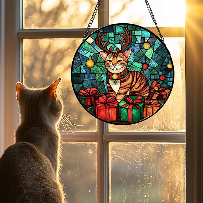 Stained Glass Window Hanging Cat with Elk Antlers 7.8" - Suncatcher Door Garden Sun Catcher Home Decor Birthday Christmas for Lost Pets Mom Men Woman Nana