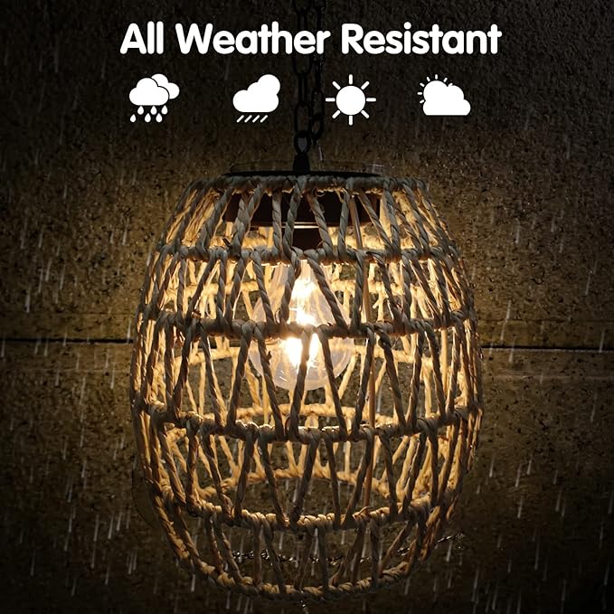 Larekook Hanging Solar Lanterns Outdoor Waterproof, Natural Seeweed Rattan Lantern Bamboo Woven Hanging Pendent Light with Edison Bulb,Solar Chandelier Outdoor Light for Gazebo Garden Porch Patio