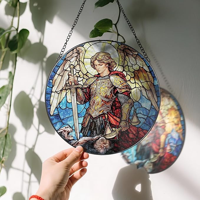 Stained Glass Suncatcher, Archangel Michael Sun Catcher Ornament; Stained Glass Window Hanging, Warrior Angel Window Decor, Spiritual Protection Decor, Christmas Ornament; Christian Religious Gifts