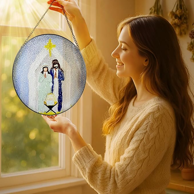 8 Inches Stained Glass Window Hanging, Nativity Scene Ornament, Jesus Birth Christmas Ornament, Holy Family Decor, Christian Holiday Decor, Christian Gift, Religious Gift, Gifts for Christmas