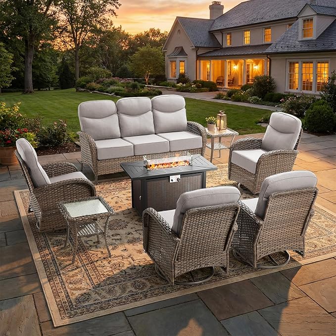 Luxury Patio Furniture Set with Fire Pit Table, Outdoor Furniture Set with High Back Swivel Chairs & 6-inch Thick Cushions, 8 PCS Fire Pit Patio Set for Yard, Deck, Poolside, Brown/Beige