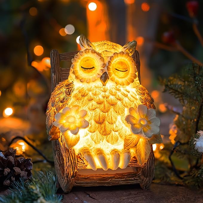 Light Up Owl on Chair Garden Sculpture, LED Solar Powered Owl Lying on The Chair, Cute Figurine Crafted Statue for Home Fireplace Outdoor Centerpiece Collection Decoration, 3x3x4 in