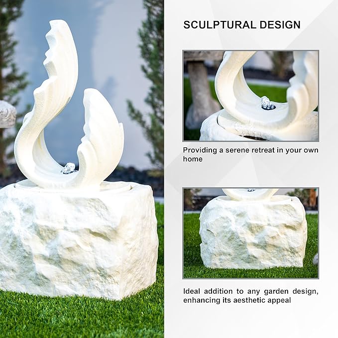 XBrand 25" H Outdoor Garden Water Fountain, Stone-Look Modern Sculptural Freestanding Fiber Resin Fountain with LED Lights for Patio, Backyard, Porch & Lawn, White