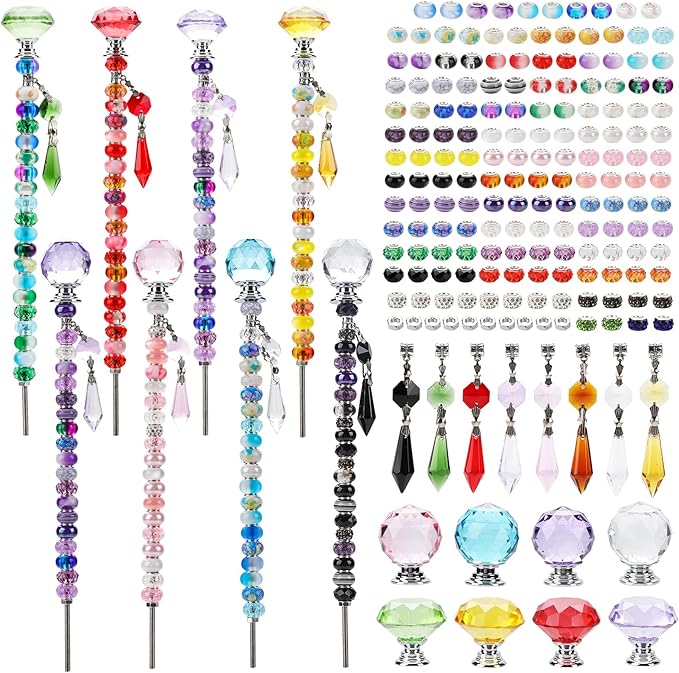 192Pcs DIY Fairy Wand Beaded Garden Stakes Kit, Fairy Garden Stakes Beads and Rods with Sparkling Crystal Pendants, Suitable for Garden Decorative Outdoor Beadable Items(10IN)