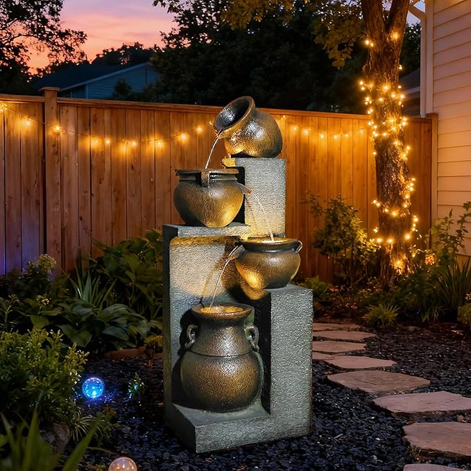 53" H Large Outdoor Water Fountain with Lights - 4 Tiered Cascading Bowls Waterfall Fountain for Garden, Patio, Backyard, Porch Inside - Freestanding Outdoor Water Feature Gold