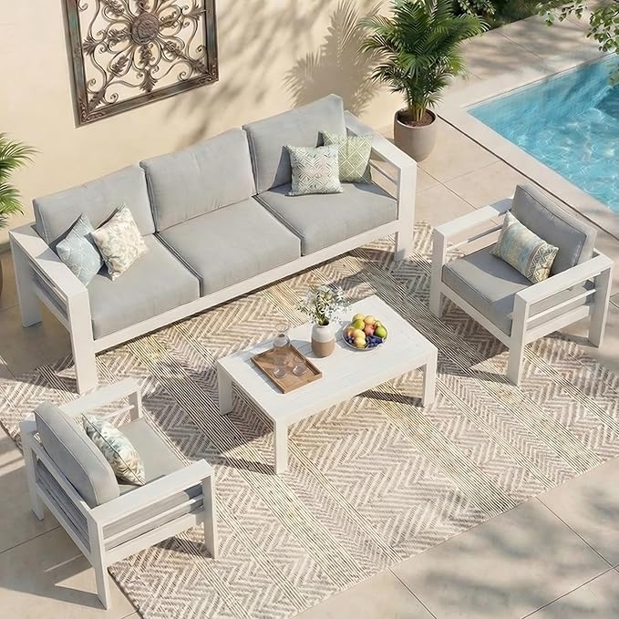 Wisteria Lane Aluminum Patio Furniture Set for All Weather, Oversized Metal Outdoor Furniture Set with 27.5" Deep Seat and 10" Back Cushion, Patio Conversation Sets with Wide armrest, White