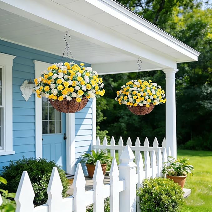 Ammyoo Artificial Flowers for Outdoors Decoration, 6 Bundles Silk Marigold Flower UV Resistant Look Real Faux Plants for Garden Porch Planter Patio Balcony Yard Home Decor (Yellow White)