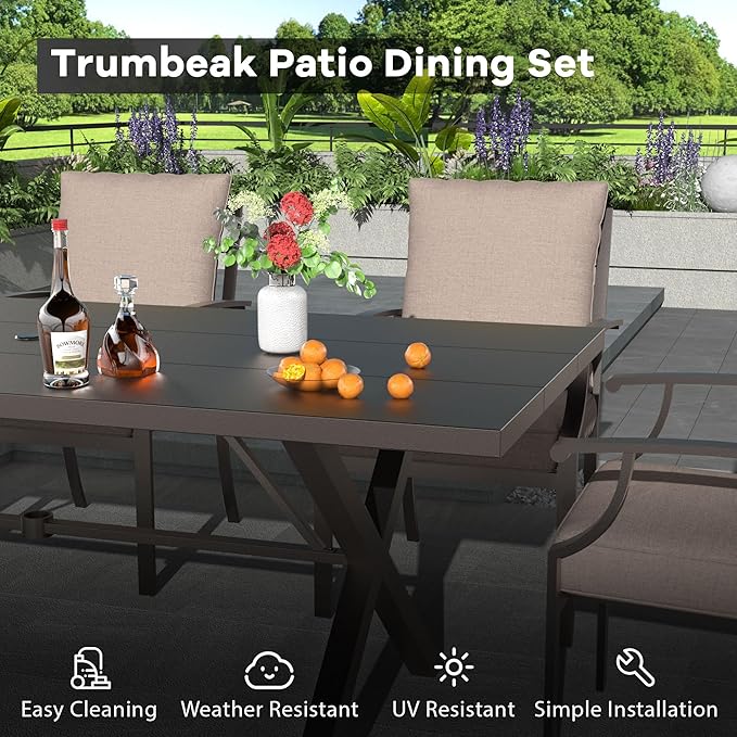7-Piece Patio Dining Set Outdoor Conversation Set,Metal Outdoor Furniture Set with Umbrella Hole Cut-Out 78.7" x 35.4" Table and 6 Metal Chairs for Backyard,Garden,Sand
