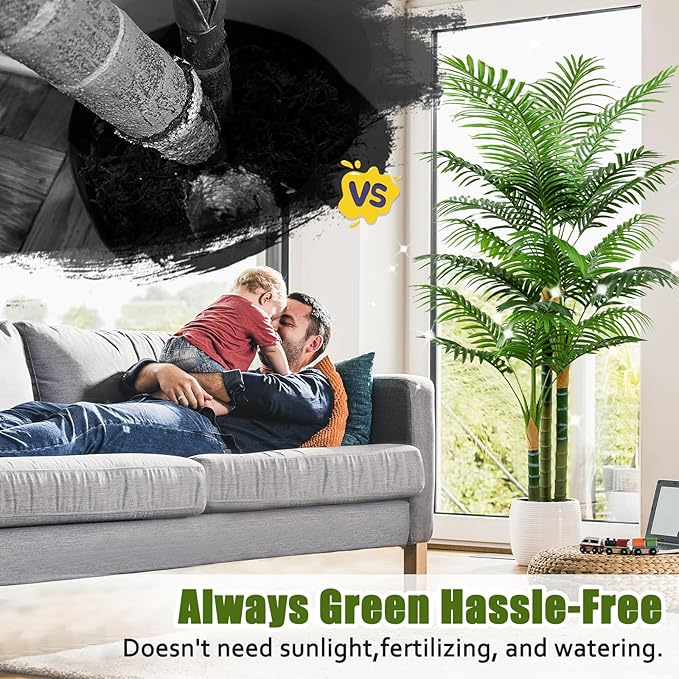 6ft Tall Golden Cane Artificial Tree Palm Outdoor, Large Artificial Plants Outdoor Faux Palm Tree with 3 Textured Trunks, Fake Tree for Indoor Outdoor Office Living Room Outside Patio