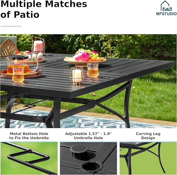 MFSTUDIO Patio Table and Chairs Set, 9 PCS Outdoor Patio Dining Set with 8 Sling Dining Chairs and 1 Square Heavy Duty Metal Table for 8, All Weather Resistant Patio Dining Furniture, Grey