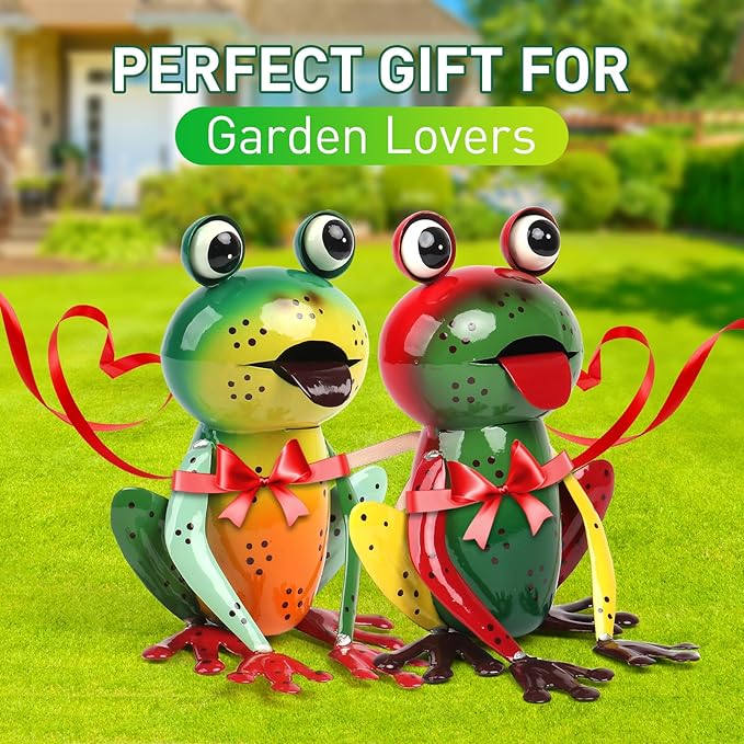 Metal Garden Decor Yard Art for Outside Set of 2 Cute Frogs Lawn Patio Ornaments Backyard Decorations Garden Gifts - (Yellow,Green)