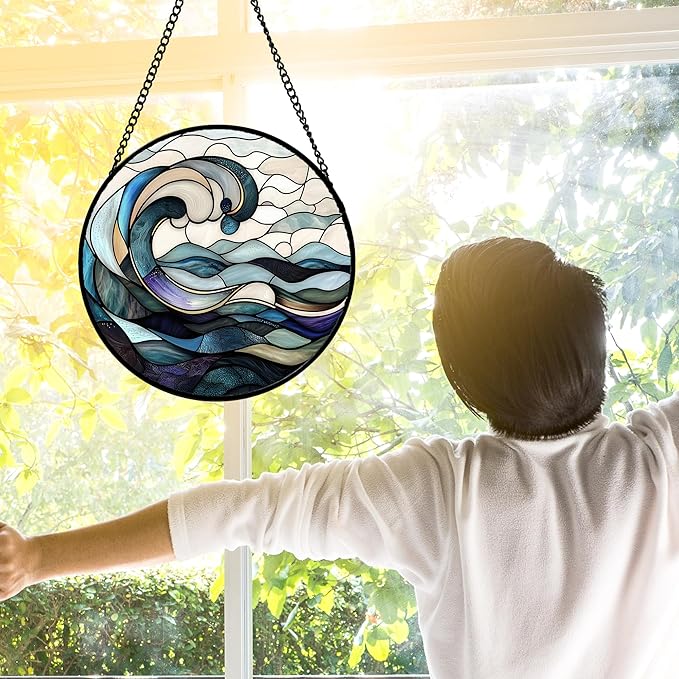 DASTOLL Stained Glass Window Hanging, Ocean Waves Sun Catchers Diamond Glass Panel Hangings Abstract Suncatcher Decor for Birthday for Women, Men, Wife, Aunt, and Mom 11.8x11.8 in