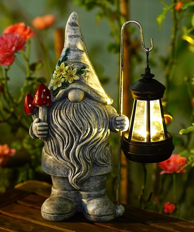 Garden Gnome Statue with Solar Lights Lantern,Outdoor Sculpture Home Decor for Yard Lawn Balcony Patio Porch,Gardening Gifts for Mom Women Grandma