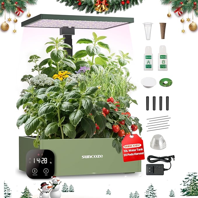 SUNCOZE 20 Pods Hydroponics Growing System Kit, Indoor Herb Garden with Grow Light 30W, 10L Large Water Tank with Adjustable Height to 25", Quiet Pump, Gardening Gifts, Green