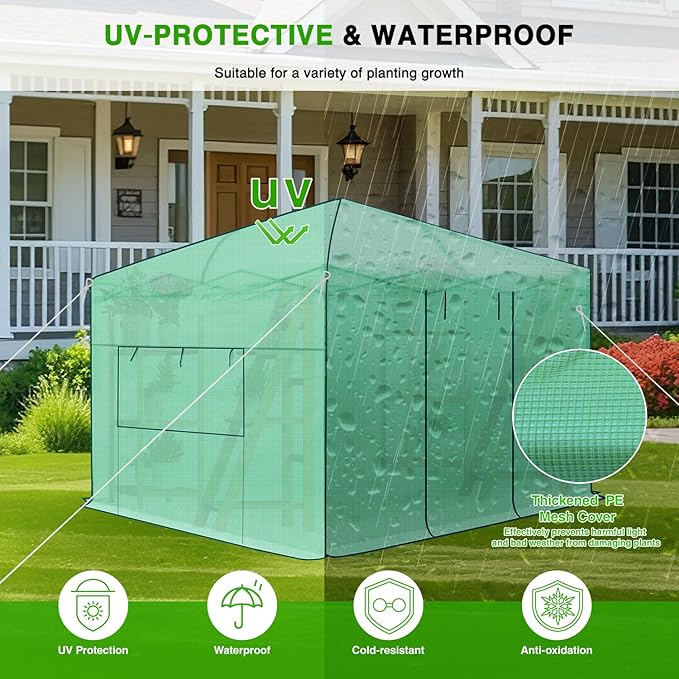 Yesker Greenhouse 10X10 FT Pop Up Greenhouses Tent Walk in Green House with Screen Windows Waterproof PE Cover Portable Large Greenhouse Kit for Outdoor Winter Gardening Backyard Patio Plant Outside