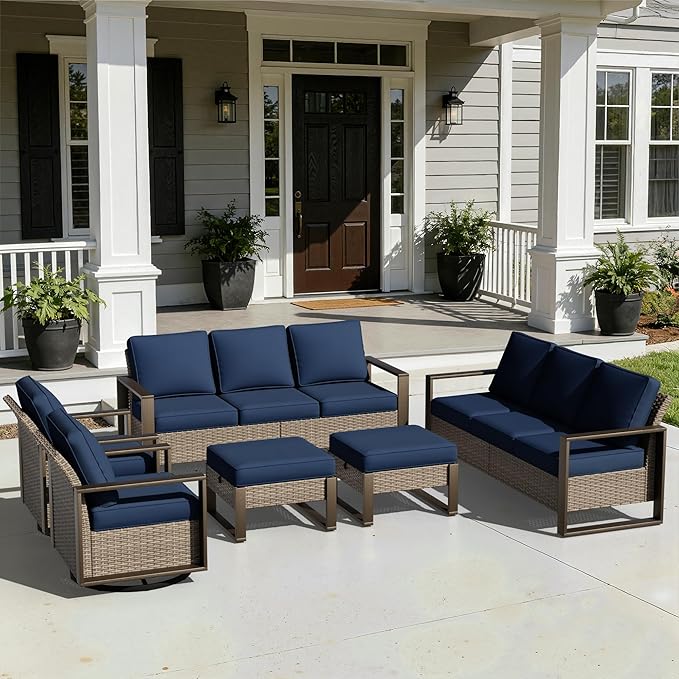 Outdoor Patio Swivel Rocker Chairs, 6 Pieces Wicker Furniture Set, 2 Swivel Rocking Chairs, 2 Sofa and 2 Ottoman, Metal Wide Armrest, Thick Cushions and Deep Seating for Garden, Backyard, Porch, Deck