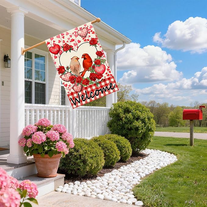 Welcome Valentine’s Day Cardinal Buffalo Love Heart Balloons House Flag large 28X40 Inch Big Vertical Double Sided Yard Outdoor Outside Holiday Decoration