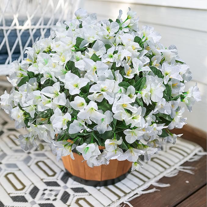 Artificial Bougainvillea Flowers for Outdoors Fake Plants, 4 Bundles White Fake Spring Flowers Silk UV Resistant Look Real Faux Flowers for Outdoor Planters Porch Patio Window Garden Outside Decor