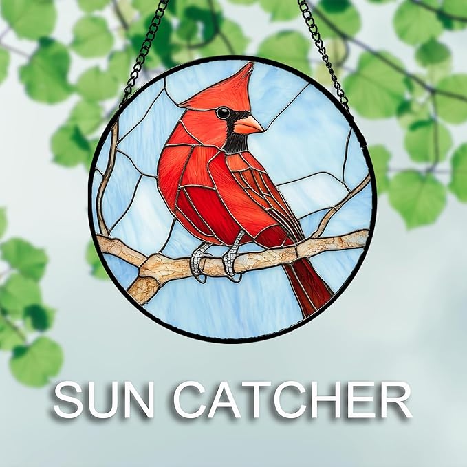 Stained Glass Window Hanging Cardinal Birds Large 15" - Suncatcher Door Garden Sun Catcher Home Decor Christmas Birthday for Bird Lovers Woman Her Nana Wife Men Mom