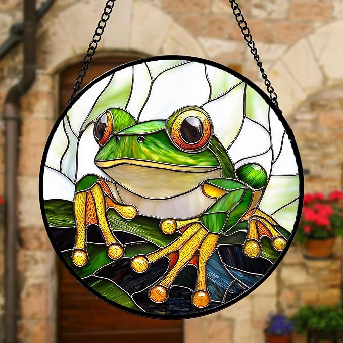 DASTOLL Stained Glass Window Hanging, Green Frog White Petals Sun Catchers Colorful Glass Panel Cute Suncatcher Decor for Birthday for Women, Men, Wife, Aunt, and Mom 6.3 in