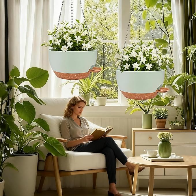 CNLBO 2 Pack Hanging Planters for Indoor Outdoor Plants, 12 Inch Self Watering Hanging Pot with Drainage Holes and Saucer, Plastic Plant Pots, Green Brown Flower Pots for Kitchen, Balcony, Garden
