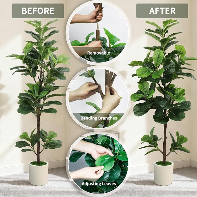 5FT Artificial Fiddle Leaf Fig Tree with White Planter & Fake Moss, Realistic Faux Ficus Lyrata Floor Plant for Indoor Home Office Decor, Housewarming Gift