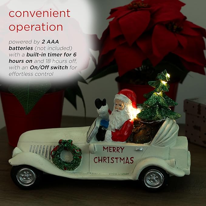 Alpine Corporation 7" Tall Merry Christmas Santa in Vintage White Car Statue with LED Lights, Holiday Decoration for Tabletop, Shelf, Mantel, or Entryway Display