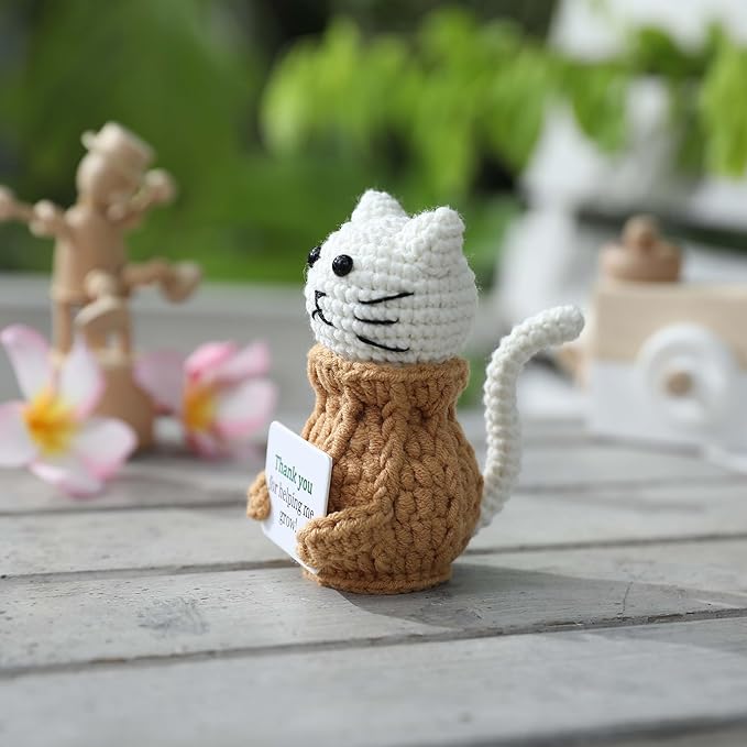 YOOJEE Positive Crochet Animals Cat – “You are Pawsome” Valentines Day Gifts for Him Her Boyfriend Girlfriend Women Teens, Emotional Support & Cheer Up Present, Teacher Appreciation, Birthday Gift