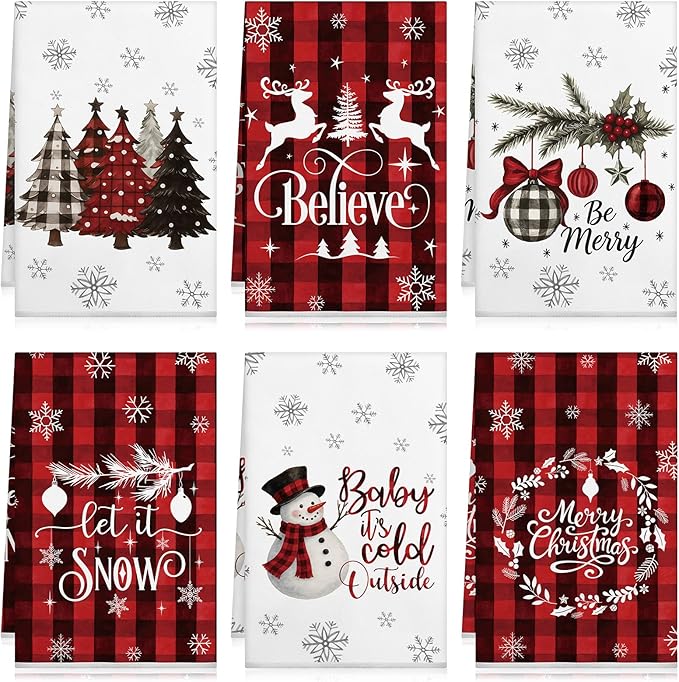 Hahafelt 12 Pcs Holiday Kitchen Towels, 16 x 24 Inch Seasonal Decorative Hand Towels, Valentine St Patrick's Day Easter Dish Decor with Truck Shamrocks Heart Bunny for Kitchen Bath(6 Pcs,Christmas)