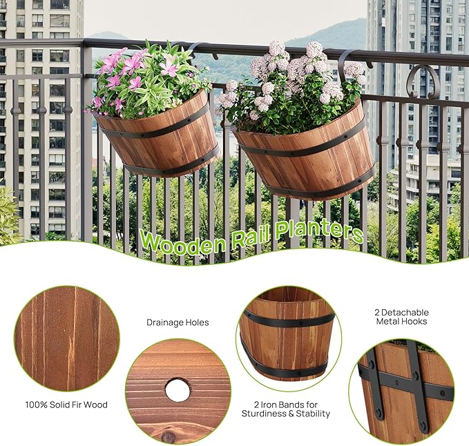 Wooden Hanging Planter for Railing Fence Outdoor Planter Railing Planter Boxes for Plants Wall Planters Window Flower Box Hanging Bucket Pots Countryside Plant Holder (Brown,2pcs,Large)