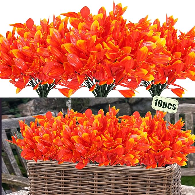 RECUTMS Artificial Fall Flowers Bundle UV Resistant No Fade Faux Autumn Plants for Outdoor Indoor Decor Wedding Home Garden Fireplace Décor Realistic Fake Greenery (Golden Yellow)