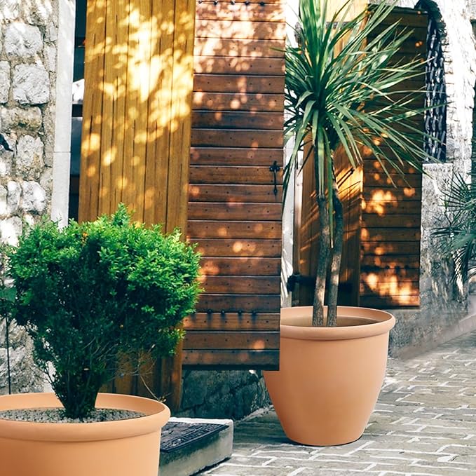 Worth Garden 2-Pack 15" Dia. Round Planters - Large Plastic Plant Pots with Drainage Hole for Indoor & Outdoor Use- Lightweight Decorative Flower Tree Containers for Porch, Patio, Yard, or Deck