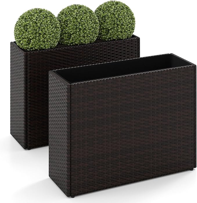 24" Tall Raised Garden Beds, 2 Pieces All-Weather PE Wicker Rattan Flowerpot with Removable Liner, Indoor Outdoor Modern Planter Rectangular Elevated Planter Box for Front Porch & Deck