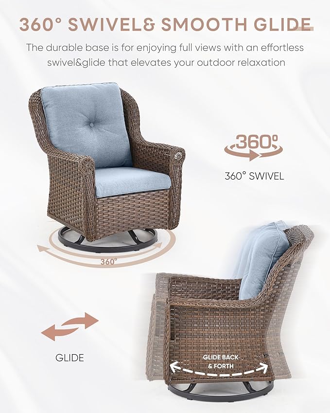 Patio Chairs Outdoor Swivel Glider - Set of 2 High Back Outside Brown Wicker Rattan Rocking Chair with Thick Cushion for Porch Apartment Deck Yard Poolside Garden - Baby Blue