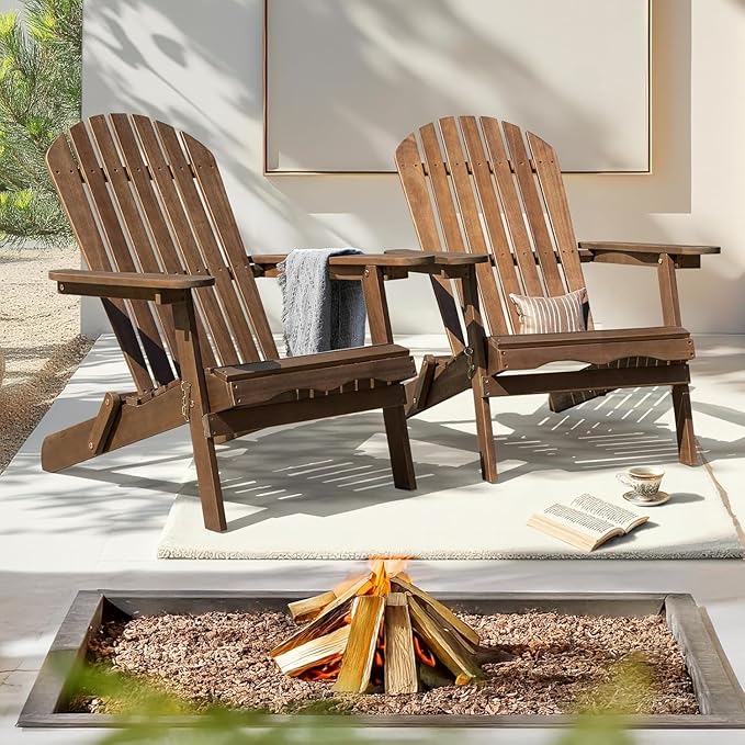 Idzo Outdoor Wooden Folding Adirondack Chair Set of 2 with Pre-Assembled BackRest, Wood Patio Chair for Garden Backyard Porch Pool Deck Firepit
