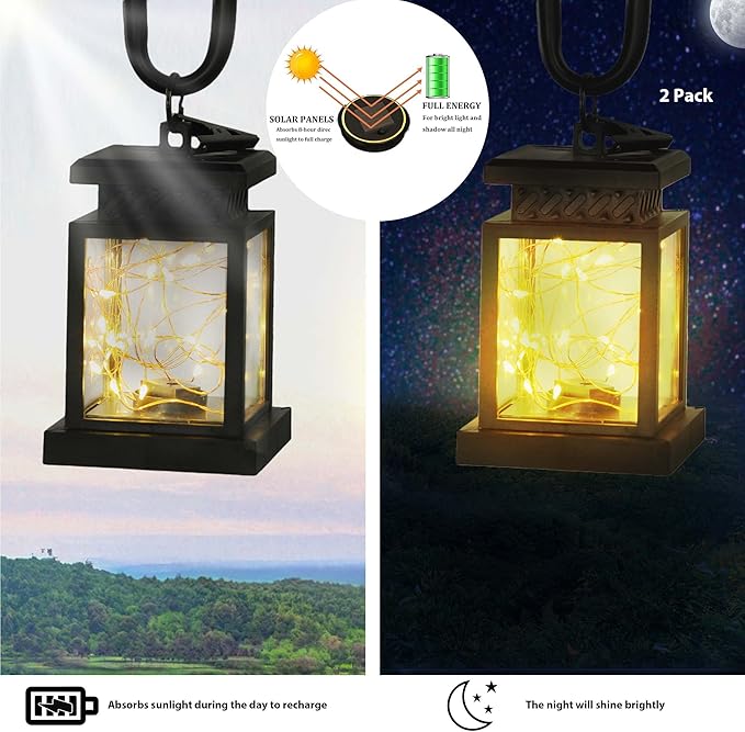 JHY DESIGN Set of 2 Solar Lantern Lights Outdoor Waterproof Solar Powered Table Lamp Hanging Lighting with Warm LED Fairy String Lights for Patio Garden Landscape Decoration Yard Lawn（with Clamp）